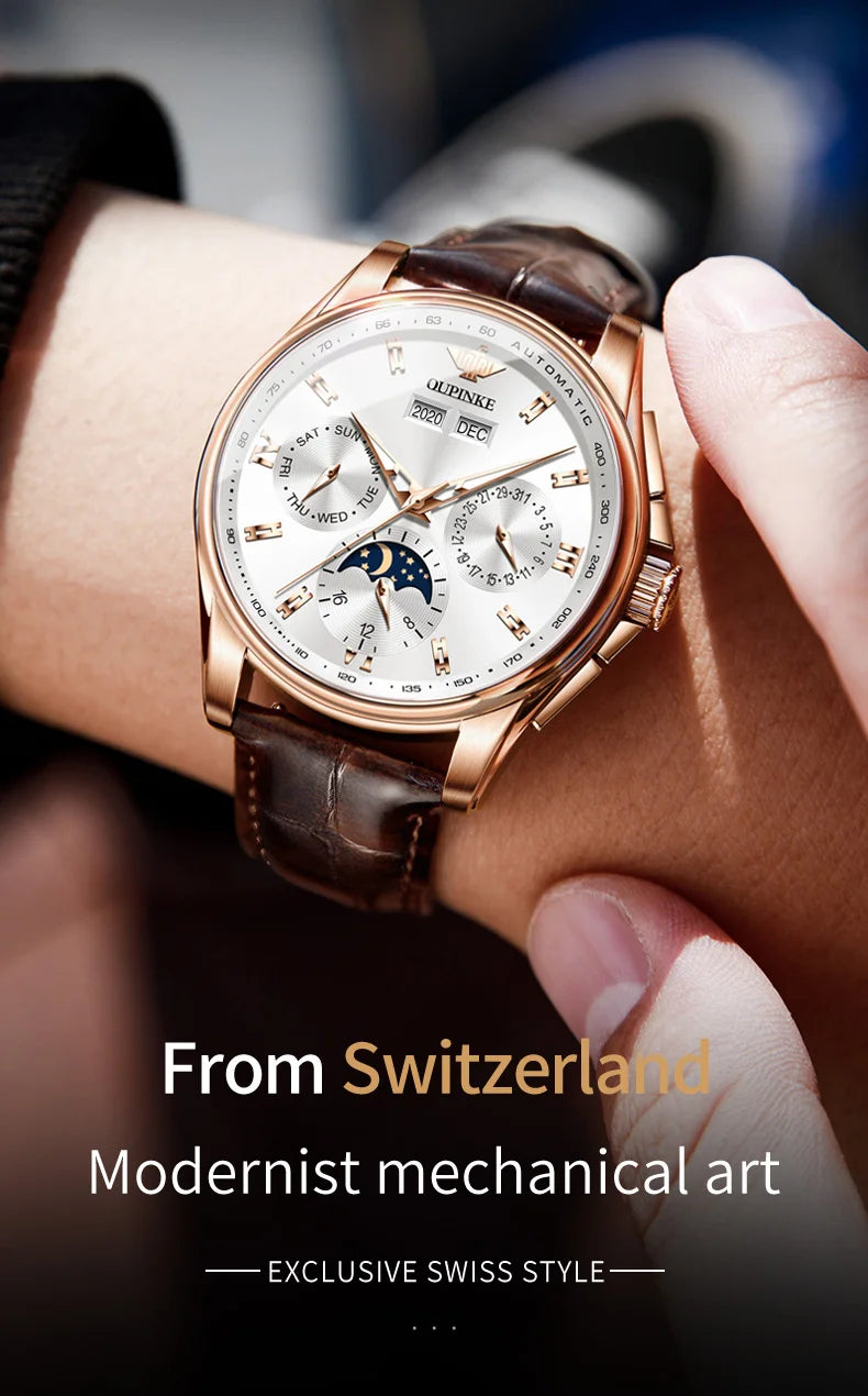OUPINKE 3189 Automatic Watch for Men Genuine Leather Strap Waterproof Moon Phase Man Watches Luxury Men's Mechanical Wristwatch