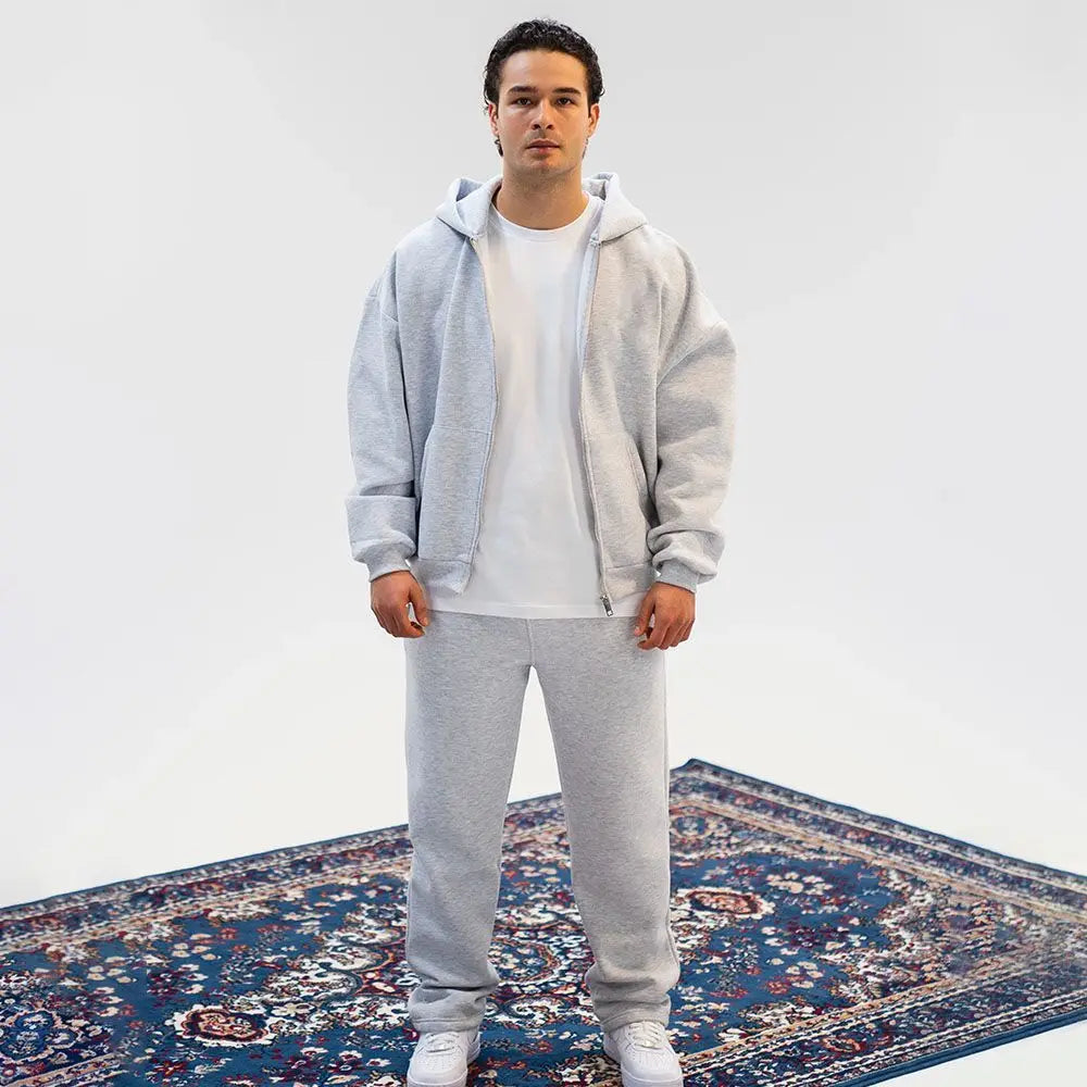 Mens Oversized Zip Up Hooded Jacket Elastic Cuff Jogger Pants Two Piece Casual Tracksuit Set