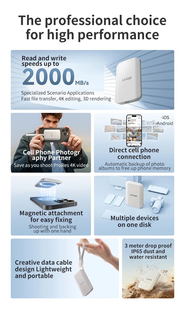 Lexar ES5 Portable Solid State Drives Type-c USB3.2 1TB Compatible Mobile Phone Laptop Magnetic Triple PSSD High Speed 2000MB/s
