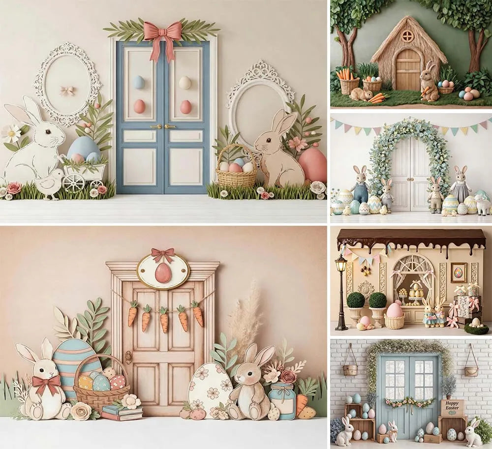 Spring Easter Photography Background Cute Bunny Egg Arch Door Kid Birthday Party Cake Smash Portrait Decor Backdrop Photo Studio