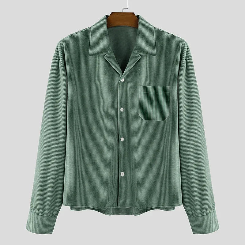 Autumn Men Corduroy Cropped Shirts Long Sleeve Solid Color Suit Collar Casual Blouse American Retro Premium Loose Cardigan Tops