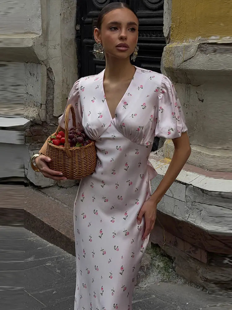 Casual Print Long Slim Dress Women Short Puff Sleeve Closed Waist V-neck Dresses Female 2026 Summer Autumn Lady Robes Chic
