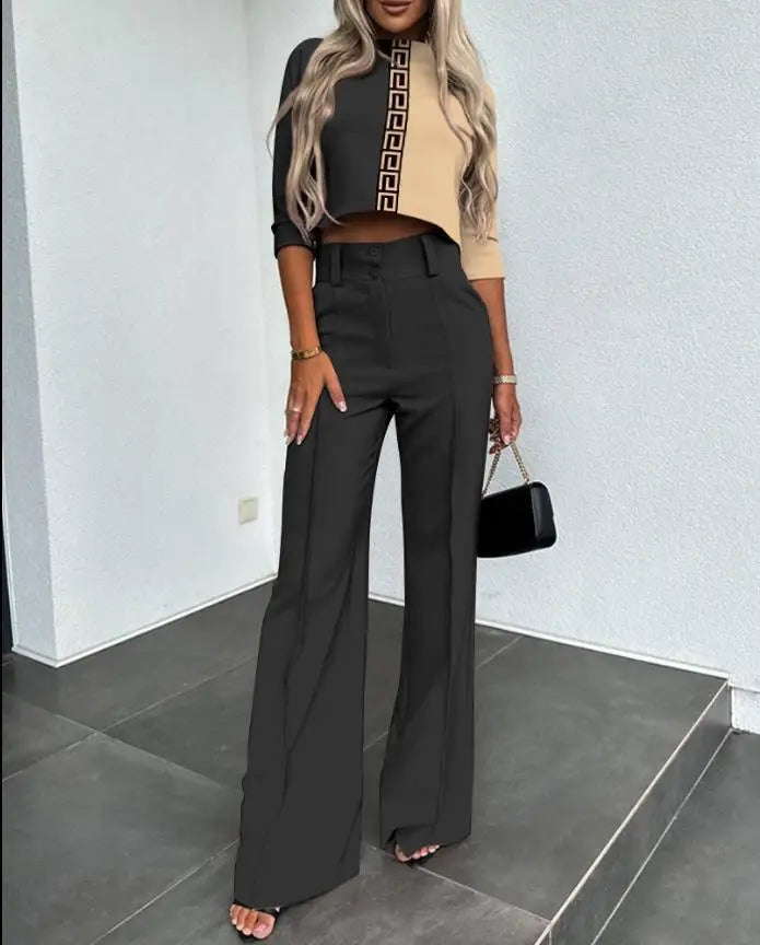 Casual Long Sleeve Shirt Pants Set Office Lady Spring Autumn Fashion Solid O-neck Tops Trousers Two Piece Set Women Outfit 2023