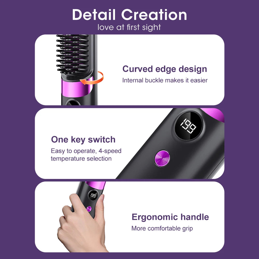 Portable Hair Straightener Brush 4 Temp Setting Cordless Straightening Comb LED Display Ceramic Coating Ionic Technology Styling