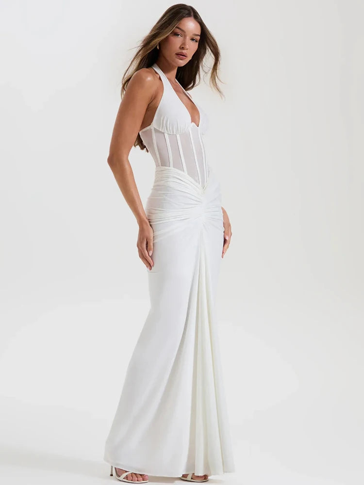 Articat Elegant Hanging Neck Elastic Tight Long Dress Women Sexy Deep V Slim Fishbone Party Club Evening Dress Fall New Vestidos