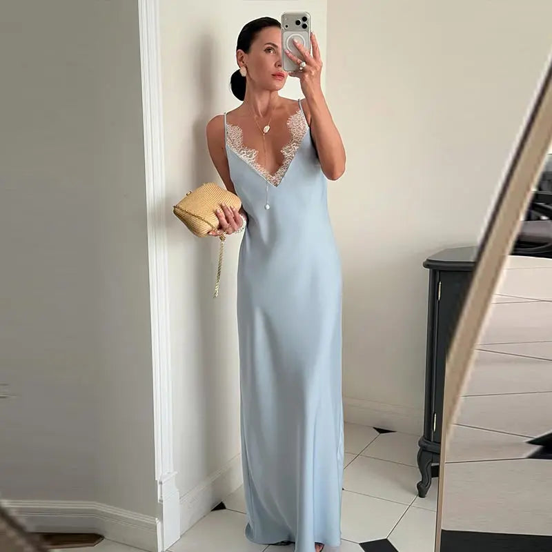Elegant Lace Patchwork Women's Dress V-Neck Slip Top Sleeveless Lady Long Dresses 2026 Summer Autumn Vacation Female Robe