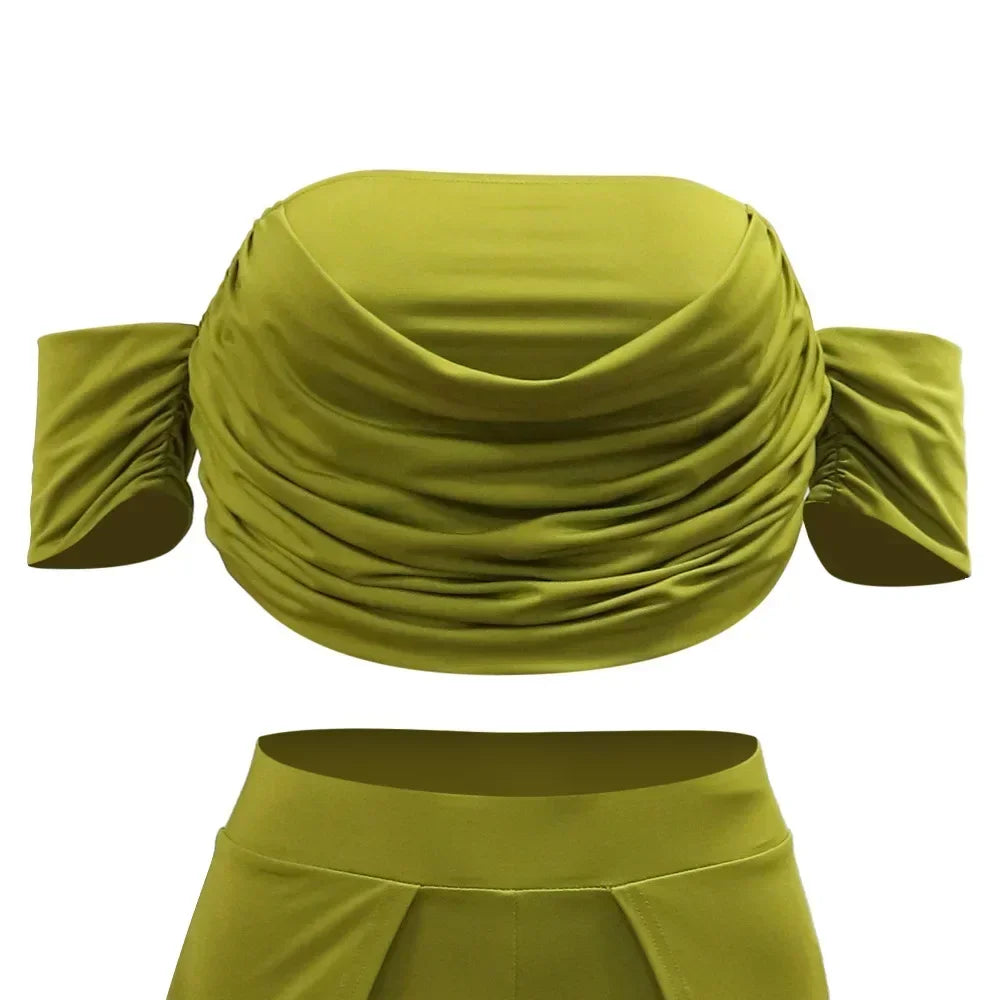 Women's Set Short Sleeve Slash Neck Ruched Tops and Wide Leg split Pants 2025 Street Two 2 Piece Sets Outfit Tracksuits