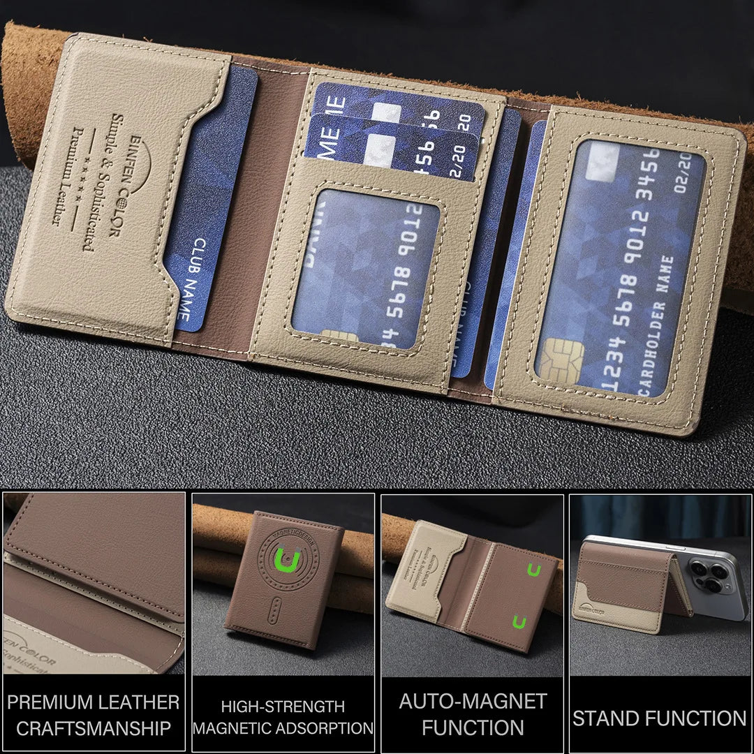 Suitable for IPhone 16 Three Fold Magnetic Wallet Card Holder, Magnetic Wallet Back Suction Universal Mobile Phone Card Bag