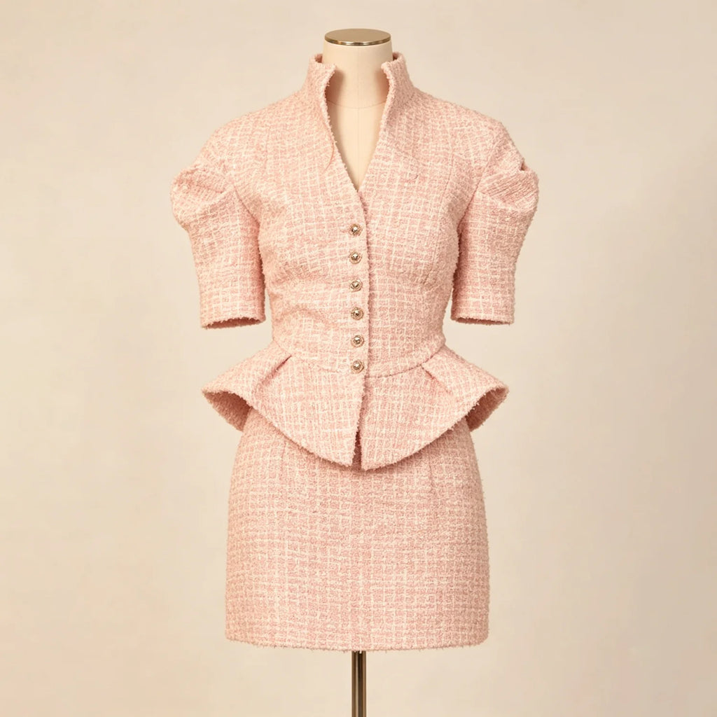 LIMO 2026 New Arrival Pink Tweed 2 Piece Outfit, Women's Elegant Peplum Top with Mini Skirt, Puff Sleeve Formal Suit