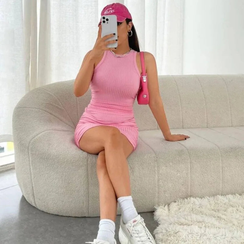 Sexy Stripes Thread Knitting Slim Bodycon Dress Women Sleeveless Solid Color Skinny Mini Dress Elegant Club Party Vestidos