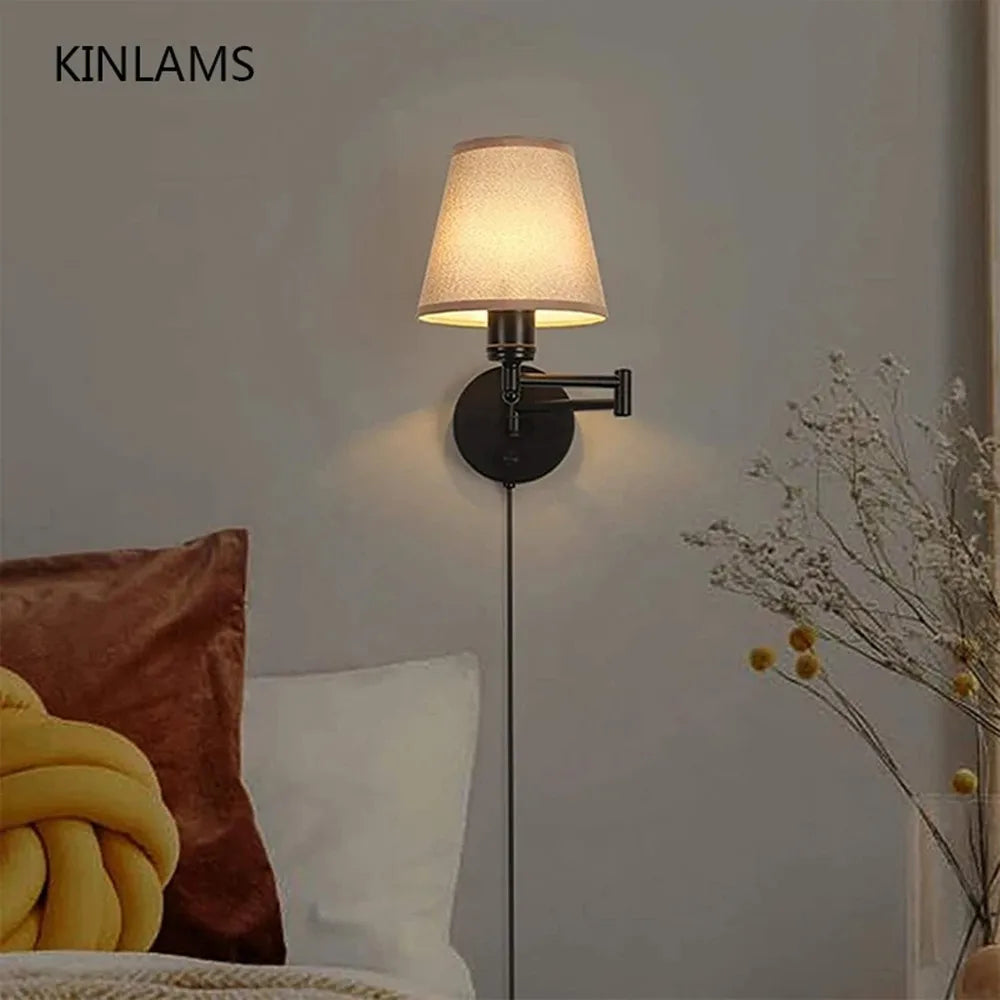 LED American Wall Lamp Folding Swing Arm US EU Plug Switch Fabric Bedroom Bedside Living Room Study Stairway Aisle Plug Light