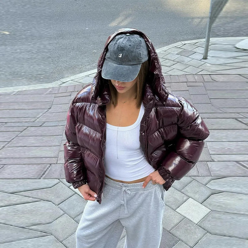 High Street Women's Glossy Zipper Hooded Coats Warm Elastic Waist Pleated Short Cotton Female Jacket 2026 Winter New Lady Outfit