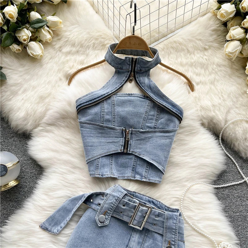 Sexy Women Summer Denim Jeans Halter Tops Mini Skirt Outfits Suits Backless Sashes Chic Style Bodycon High Waist Vestidos