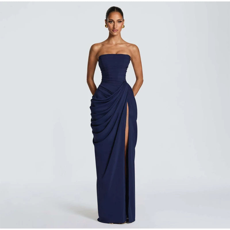 Women Sexy Solid Pleated Strapless Dress Lady Chic Off-shoulder Backless High Waist Split Dresses 2026 Summer Evening Party Gown