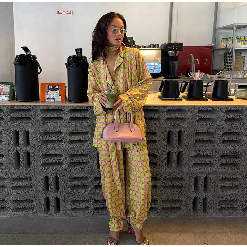 Vacation Geometric Printed Loose Pants Set Women Lapel Full Sleeve Pocket Shirts Wide Leg Pant Suits 2026 Autumn Street Outfit