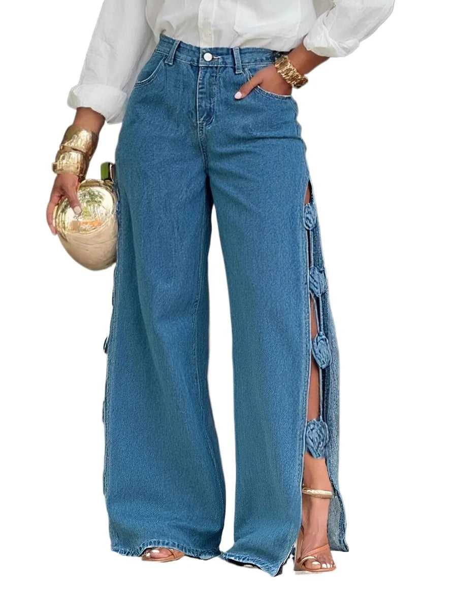 New Women's Jeans Patchwork High Waist Washed Distressed Loose Wide Leg Trousers Fashion Hollow Out Streetwear Retro Denim Pants
