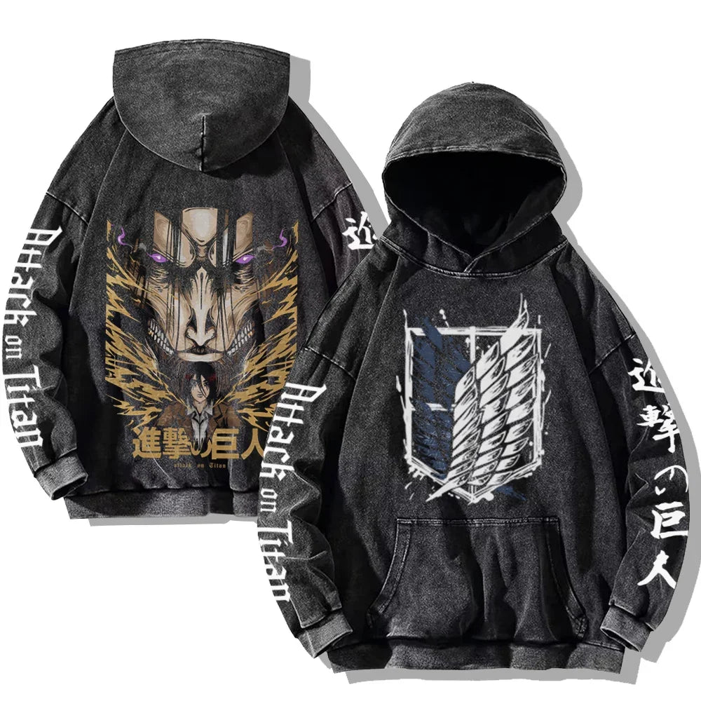 Vintage Washed Men's Hoodies Shield Print Hooded Sweatshirt Hip Hop Streetwear Y2K Hooded Pullover Y2K Loose Casual Tops