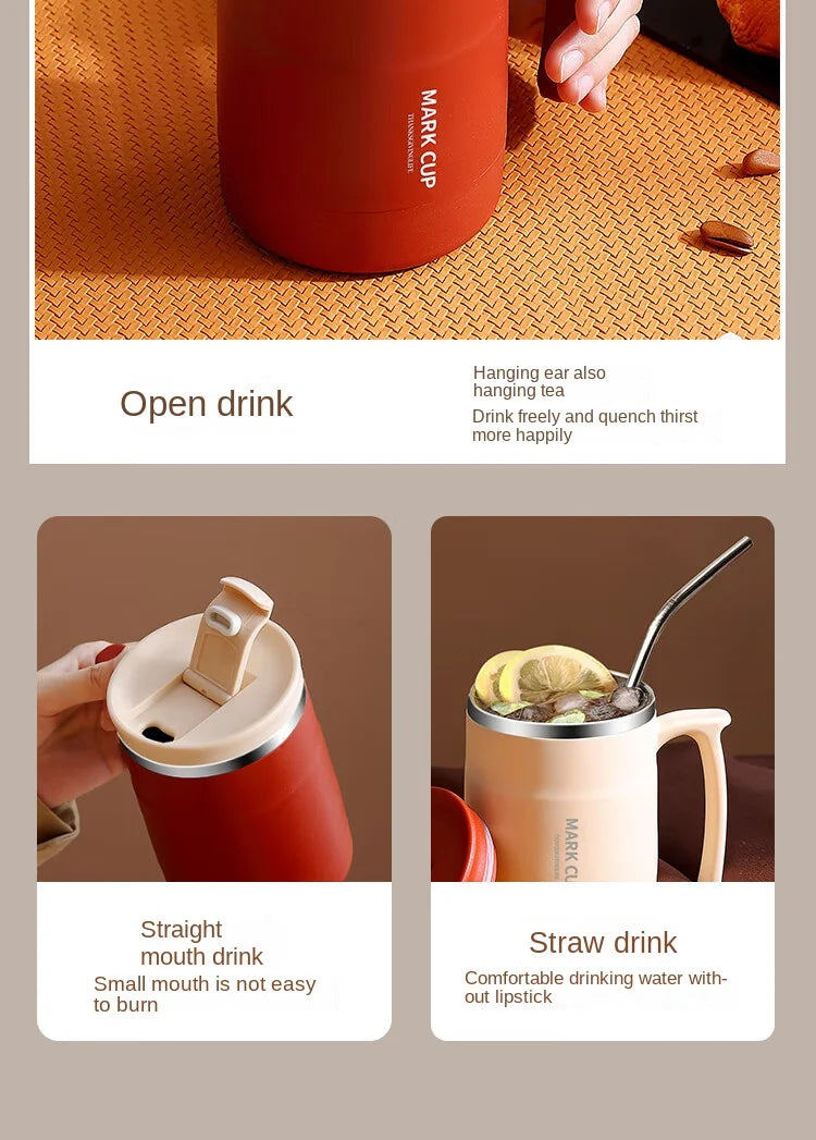 304 Stainless Steel Mug with Lid and Spoon Office Water Cup  High Aesthetic Coffee Cup, Breakfast Cup Water Bottles