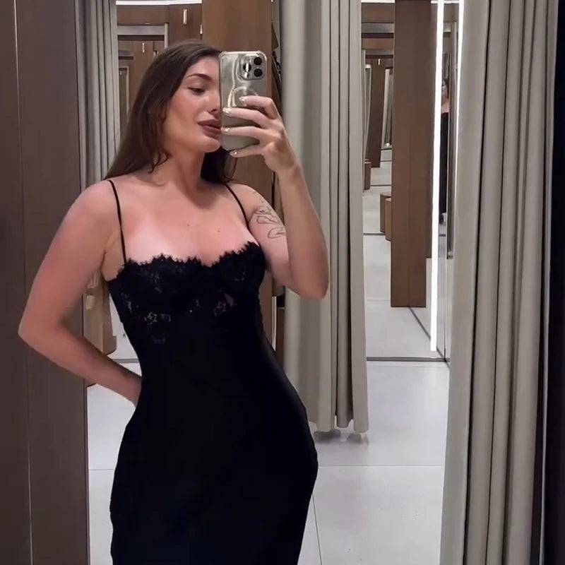 Lace Bust Satin Slip Dress Spaghetti Strap Back Split Elegant Maxi Night Vestido 2026 Summer Banquet Party Women Gentle Grown