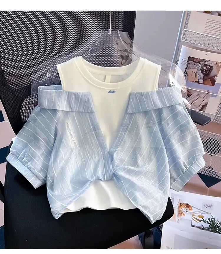 Girls' Western Style Loose Fitting Shirt 2026 New Children's Off Shoulder Top T-Shirt Fake Two-Piece Top