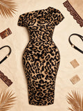 Women's Leopard Print Casual Dress Elegant One-Collar Waist Short-Sleeved Long Skirt Fashionable Casual Wear