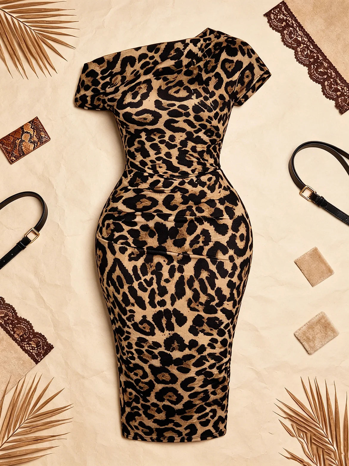 Women's Leopard Print Casual Dress Elegant One-Collar Waist Short-Sleeved Long Skirt Fashionable Casual Wear