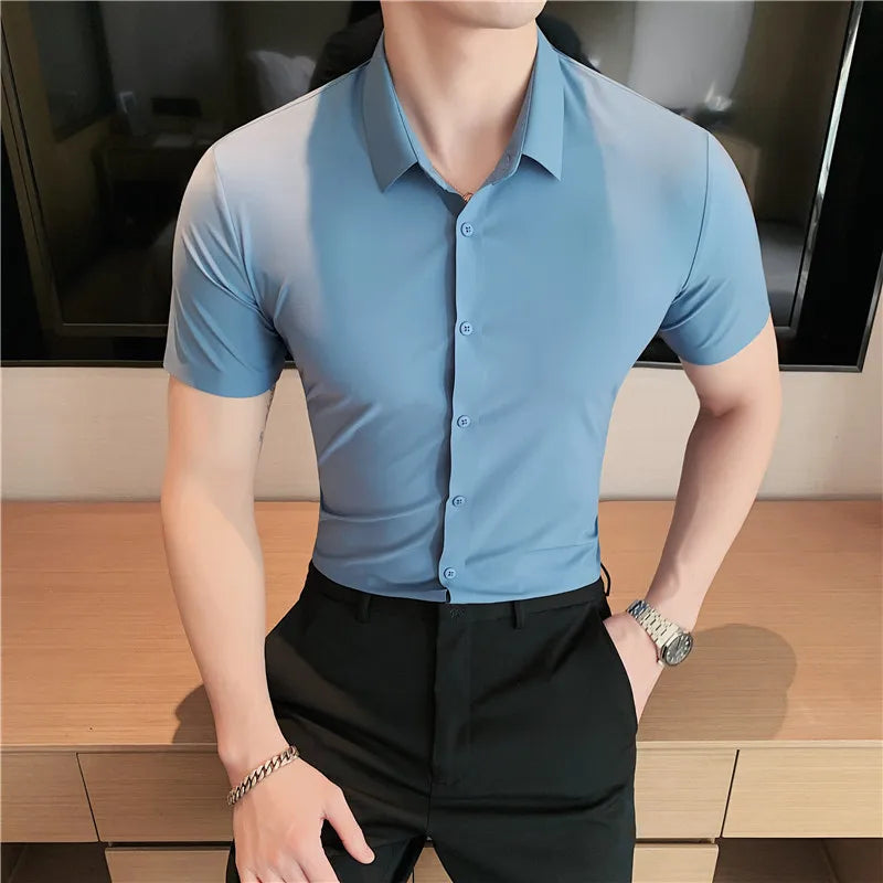 Men's Ultra Stretch Seamless Long Sleeve Shirt Top Quality Business Casual Breathable Stretchable Solid Color Formal Dress Shirt
