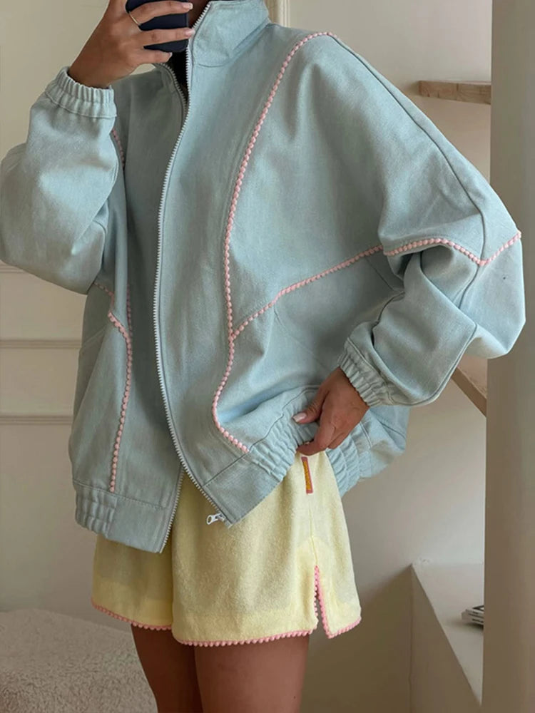 Polka Dot Cropped Windbreaker Jacket, Contrast Pink Seam Piping Side Pockets Loose Outerwear 2026 Autumn Street Daily Lady Coat