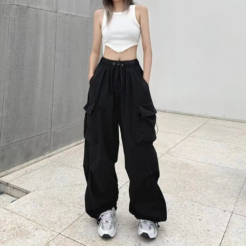 Women Streetwear Cargo Pants Elastic Waist Multi Pocket Loose Wide Leg Vintage Drawstring Casual Trousers