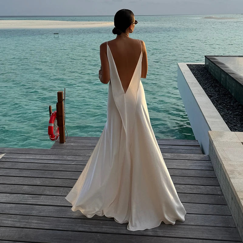 Backless Women Dress Satin Spaghetti Strap Maxi Dresses Back Tail Cowl Drape Front Neck Side Split Hem Elegant Evening Bodycon