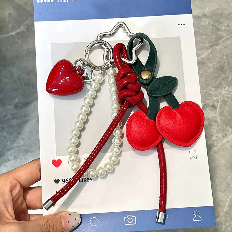 Y2K Leather Rope Red Cherry Keyring Pearl Beads Bag Key Chain Charm Pendant Women Trendy Keychain Decoration