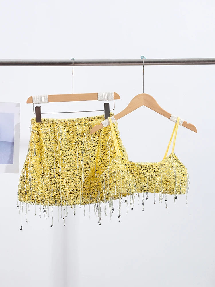 Sexy Tassel Sequins Vest Mini Skirt Women Crop Sling Vests Short Hip Package A-line Skirts 2026 Summer Lady Beach Party Outfits