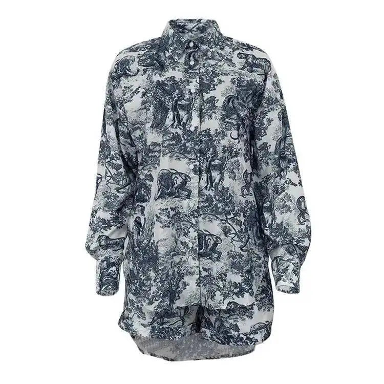 Retro Ink Shirt Three-piece Shorts Suit Women's Summer Casual Long Sleeve Button Print Fashion Shirt With Shorts Suit BX98