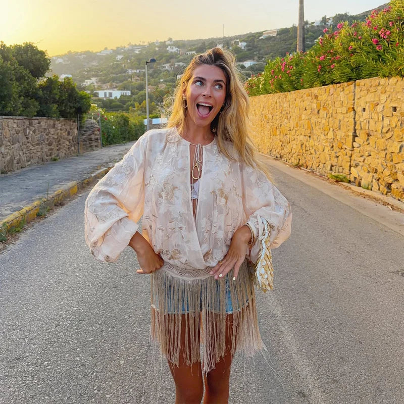 Vintage Embroidered Blouse Tie V Neck Cutout Patchwork Fringe Hem Puff Long Sleeve Tunic Cover Up Women's Relaxed Holiday Wear
