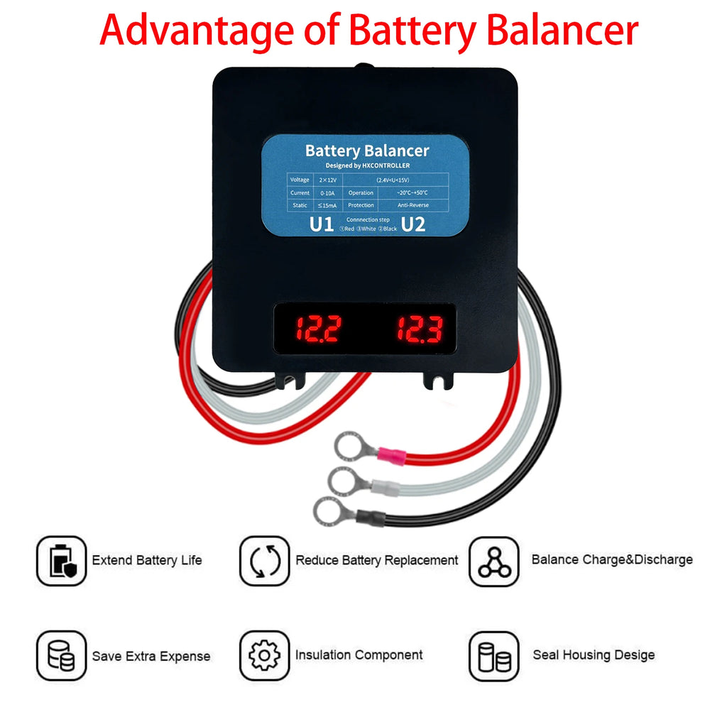 0-10A Digital Display Battery Equalizer 24V 48V 60V 72V 96V LED Voltage Showing Battery Balancer For 2X12V Lifepo4 GEL Battery