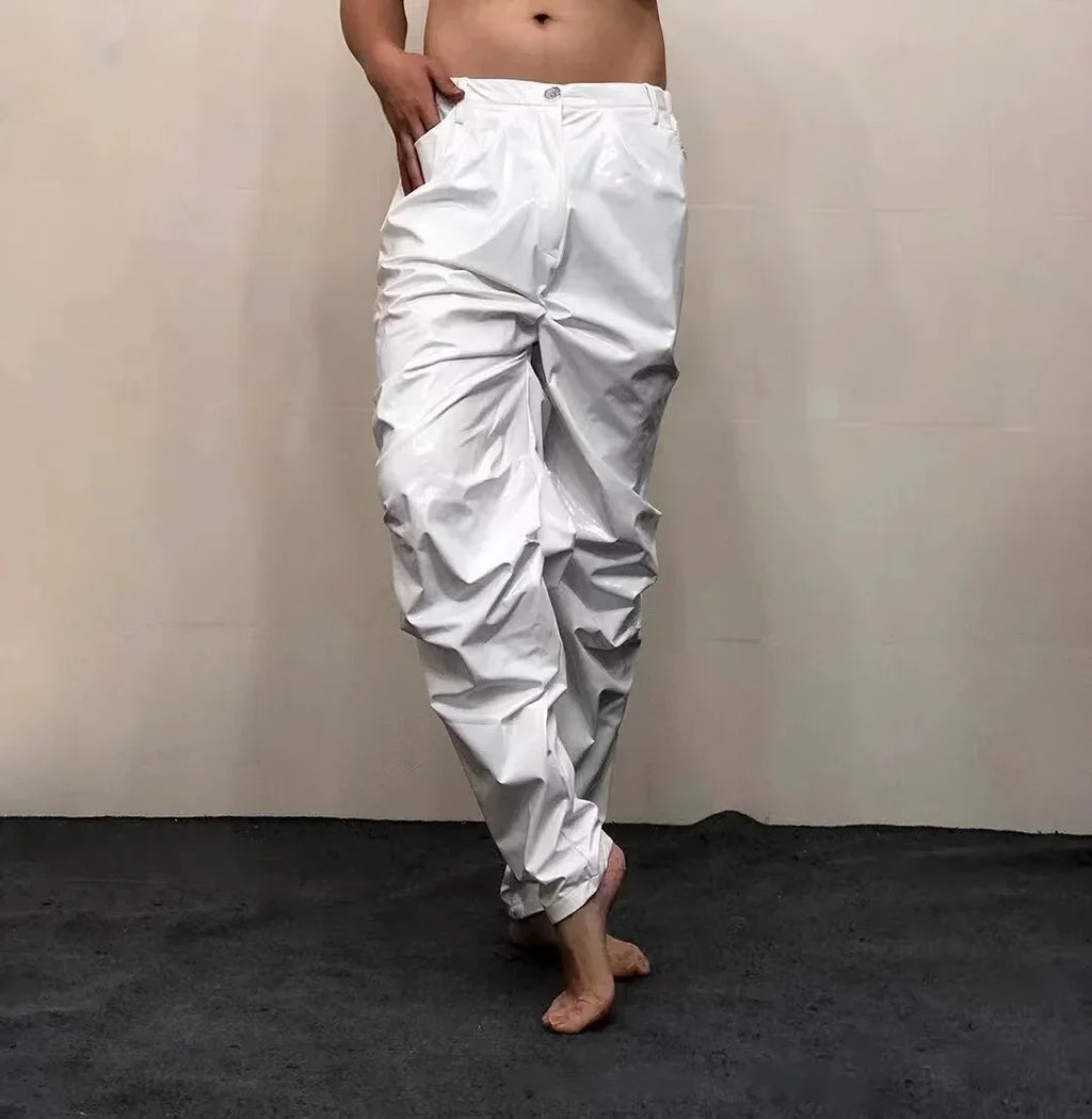 Men Mid Waist Shiny Faux Latex Leather Loose Hiphop Pants With Pocket Male Solid Color Stretch PVC Trousers Clubwear New Custom