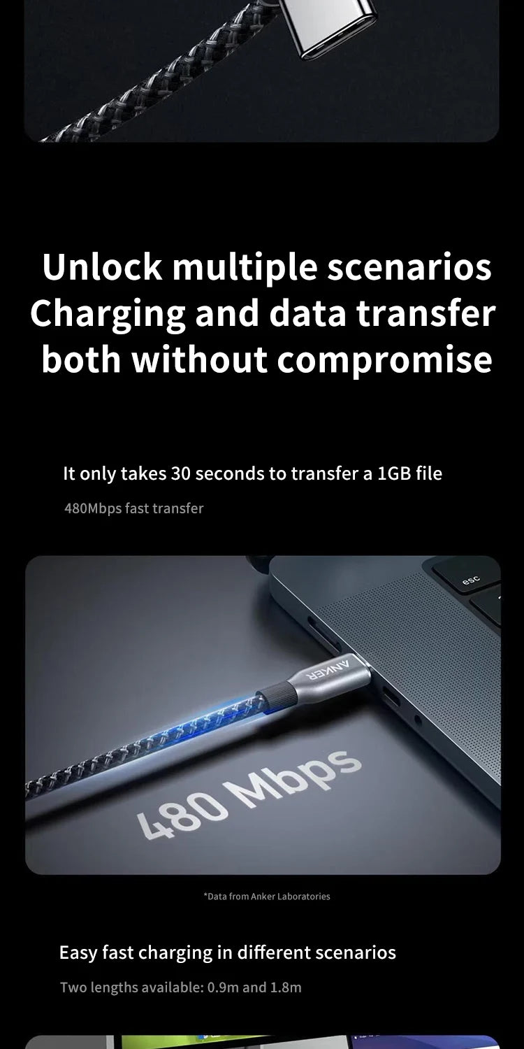 Anker Prime USB C to USB C Cable, 240W 3ft 6ft Fast Charging USB C Cable, Upcycled-Braided Nylon With 100-Year Bend Durability