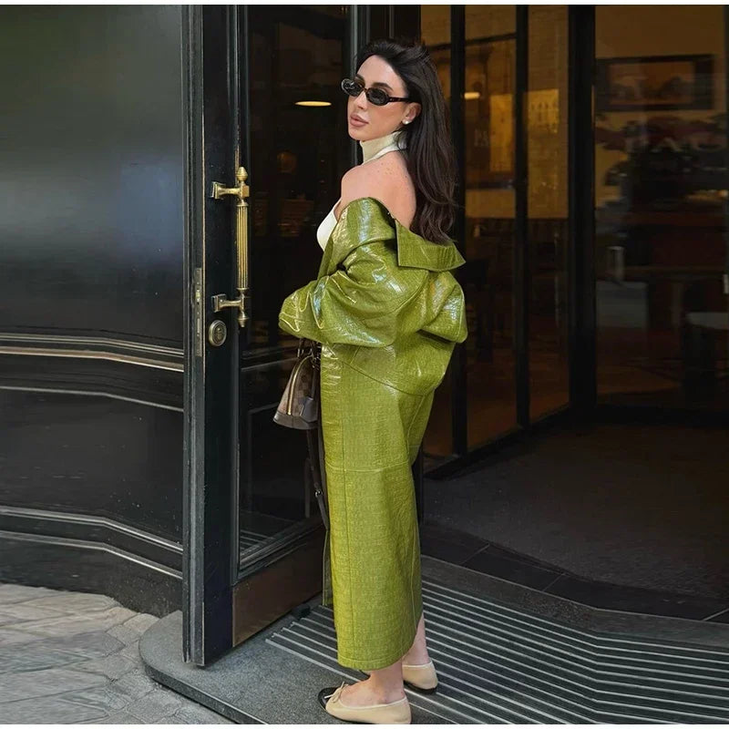 Women's Skirt Sets Crocodile Faux Leather Lapel Long Sleeve Button Oversized Jackets Straight Skirts Autumn Female Loose Outfits