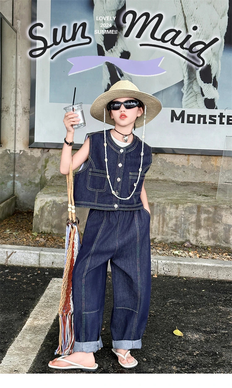 Summer teen Girls Denim Set 2024 Child Sleeveless Cowboy vest+Wide leg pants Two Piece junior kid jeans suit child outfits 10 12