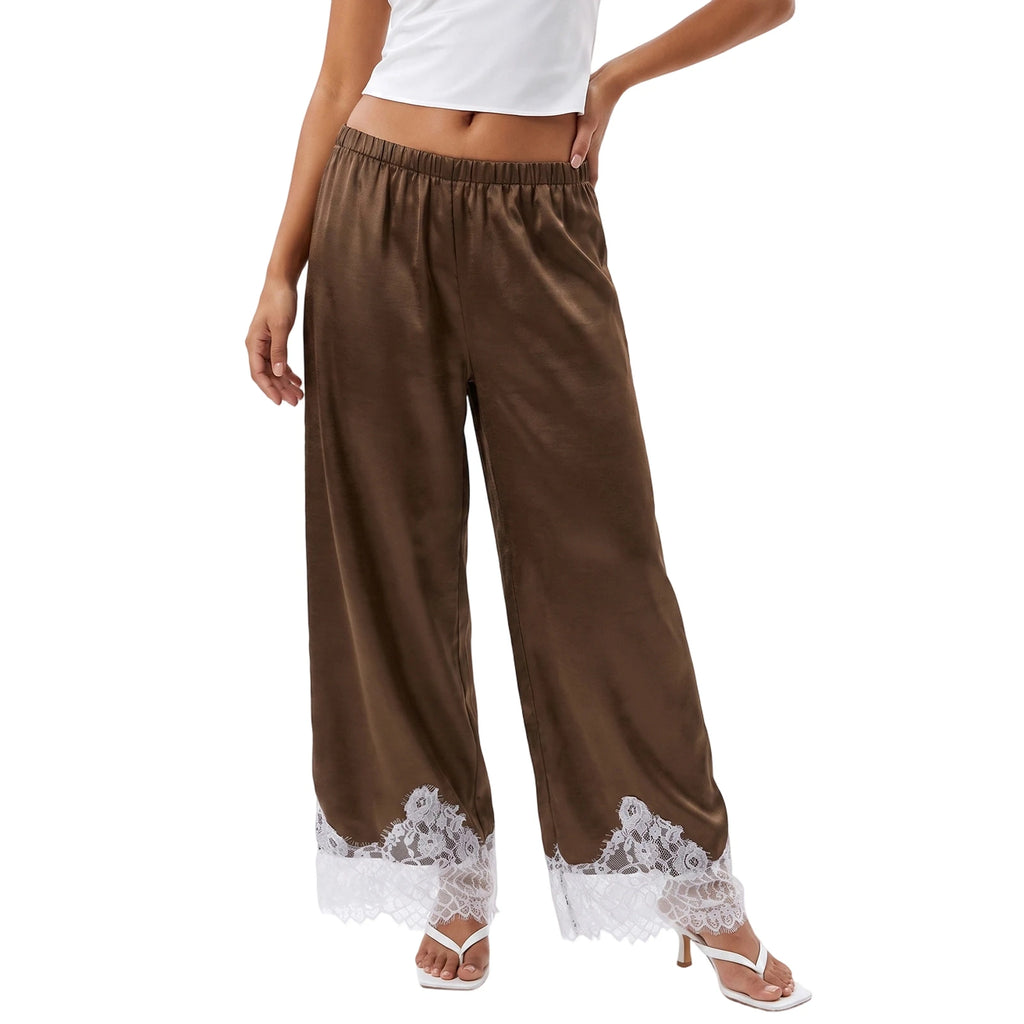 Lace Trim Wide Leg Pants for Women Casual Loose Stain Elastic Waist Trousers 90s Streetwear Y2K Coquette Bottoms