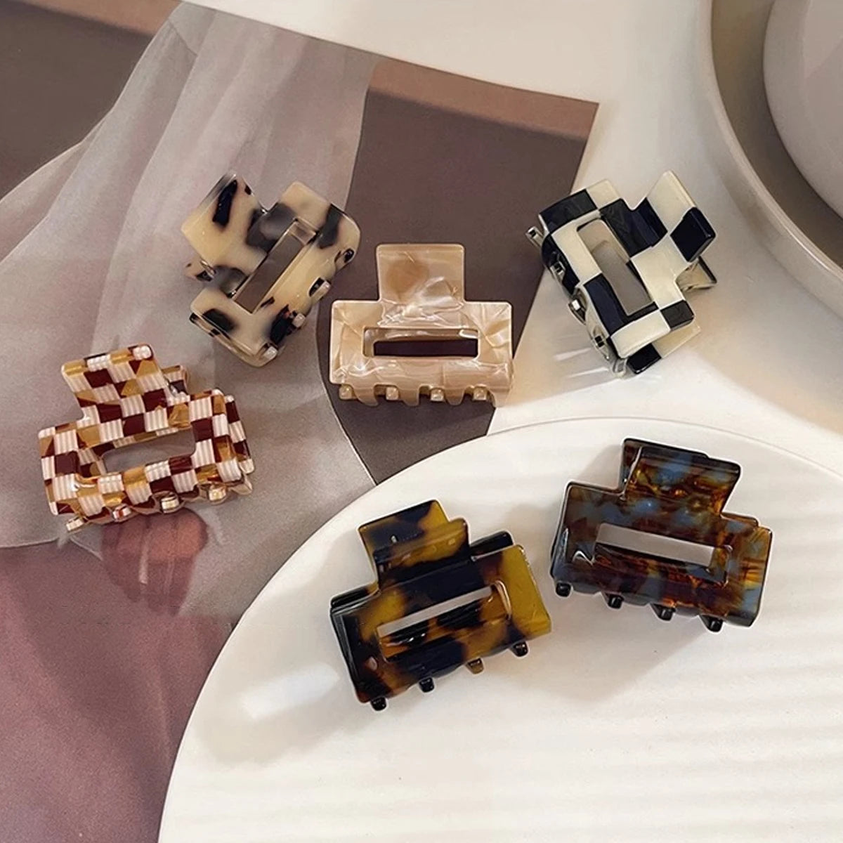 1pc acetate leopard print checkerboard plaid hairpin, classic and daily grab clip, small square high ponytail hair claw