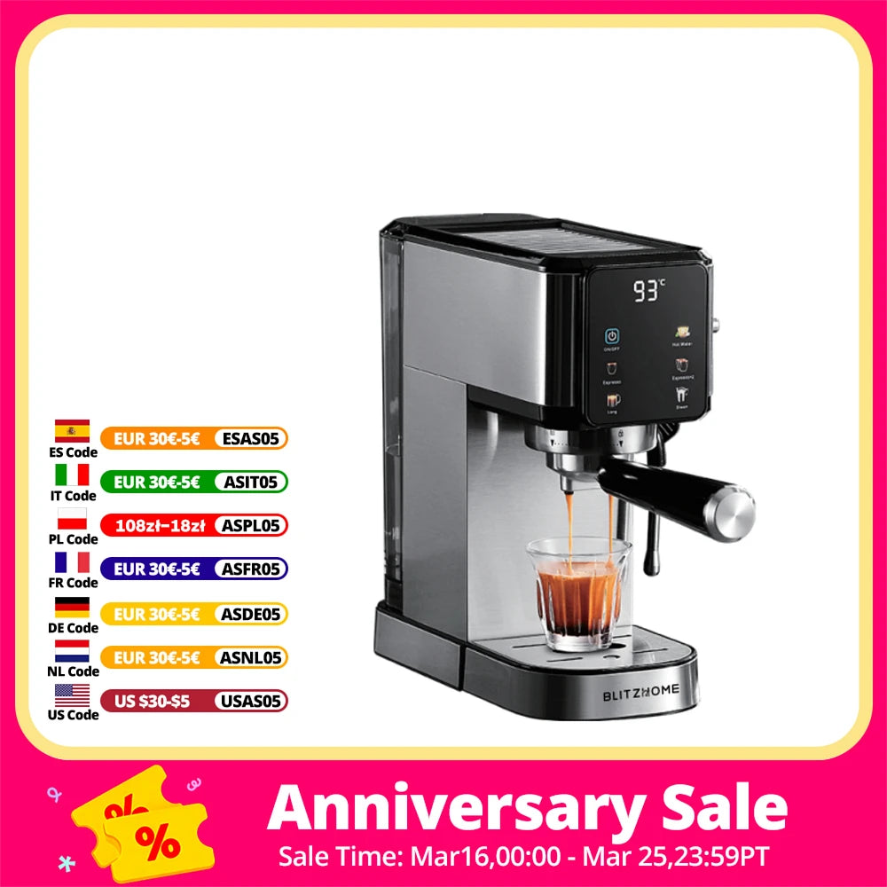 BlitzHome CM5105 Semi-Automatic Espresso Coffee Machine 20Bar 1350W with Touchscreen Control Cup Warmer 1L Removable Water Tank