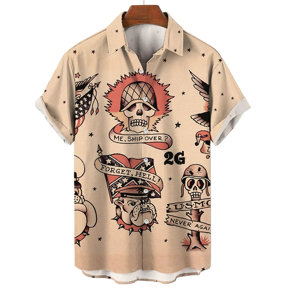 3D retro digital printed men's lapel short sleeved shirt