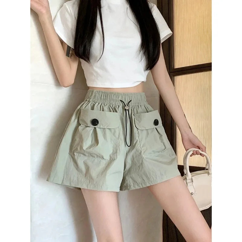 Women Summer Cargo Shorts Elastic Drawstring Waist Cool Shorts Oversized American Street Style Loose Wide Leg Casual Big Size