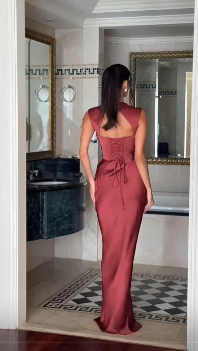 Solid Satin Cowl Neck Women's Dress Elegant Sleeveless Ruched Waist Fishtail Bodycon Lady Vestido 2026 Summer Party Dresses