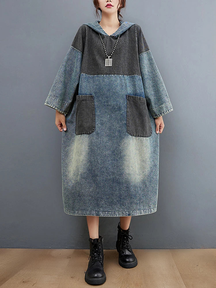Amax luluE Autumn Womens Loose Vintage Hooded Design Denim Dresses European Style Casual Patchwork Long Vestidos Pockets Dress