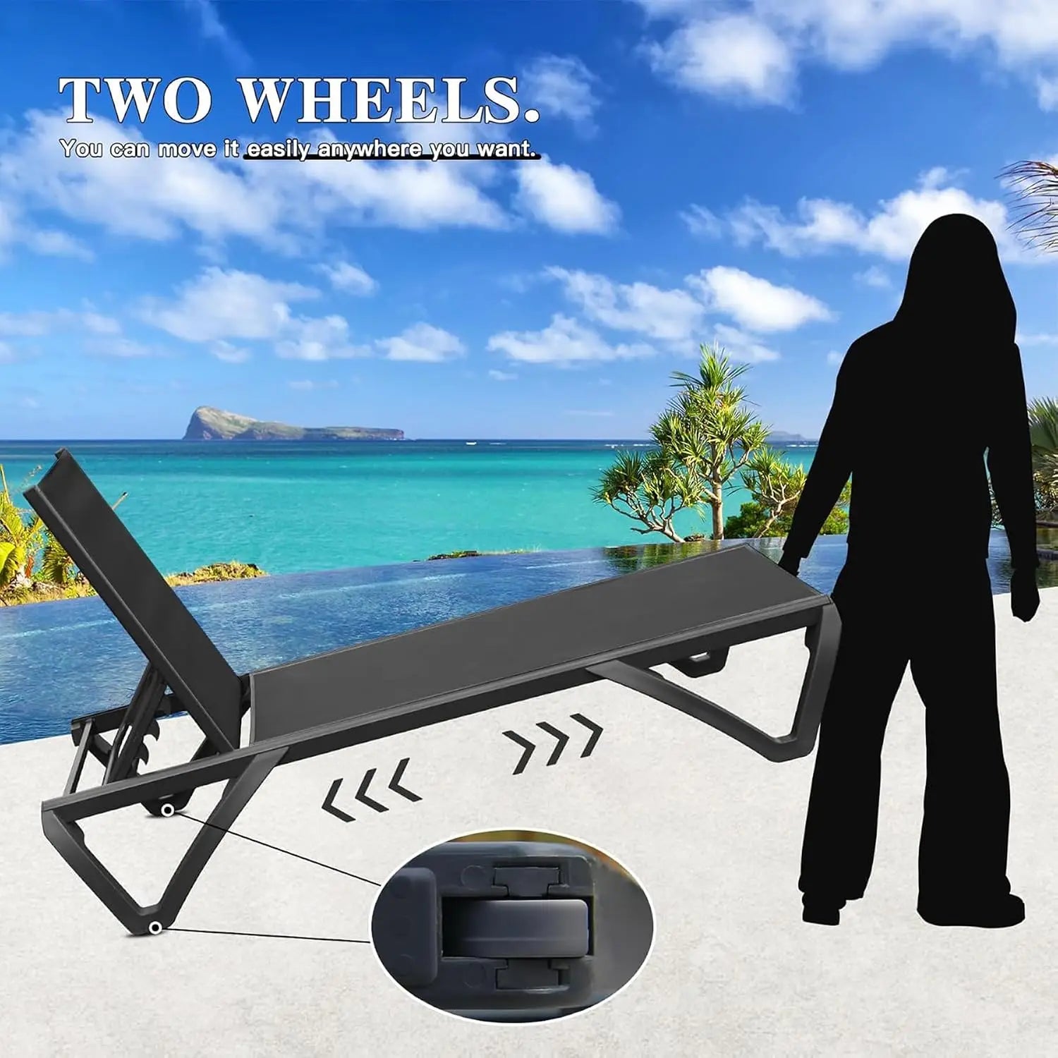Aluminum Outdoor Chaise Lounge Set 2 with Table Wheels Adjustable Textilene All Weather Poolside Patio Deck, Customized