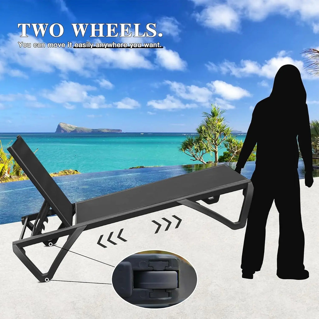 Aluminum Outdoor Chaise Lounge Set 2 with Table Wheels Adjustable Textilene All Weather Poolside Patio Deck, Customized