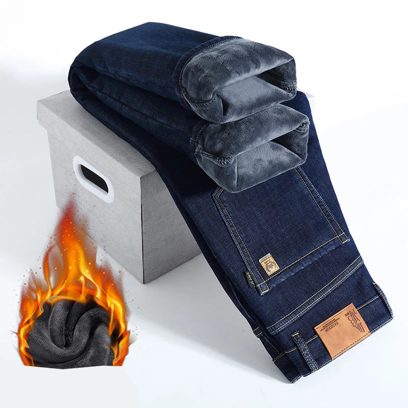 Men Winter Fleece Warm Jeans Brand 2024 Fashion Business Pants Retro Classic Denim Trousers Autumn Casual Stretch Slim Jeans Men