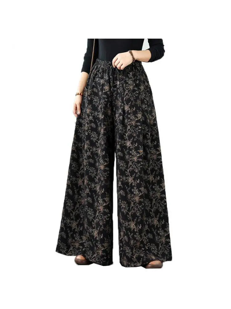 Denim Wide-leg Pants For Women 2025 Autumn New Style Printed Elastic Waist Loose Oversized Casual Denim Straight Pants